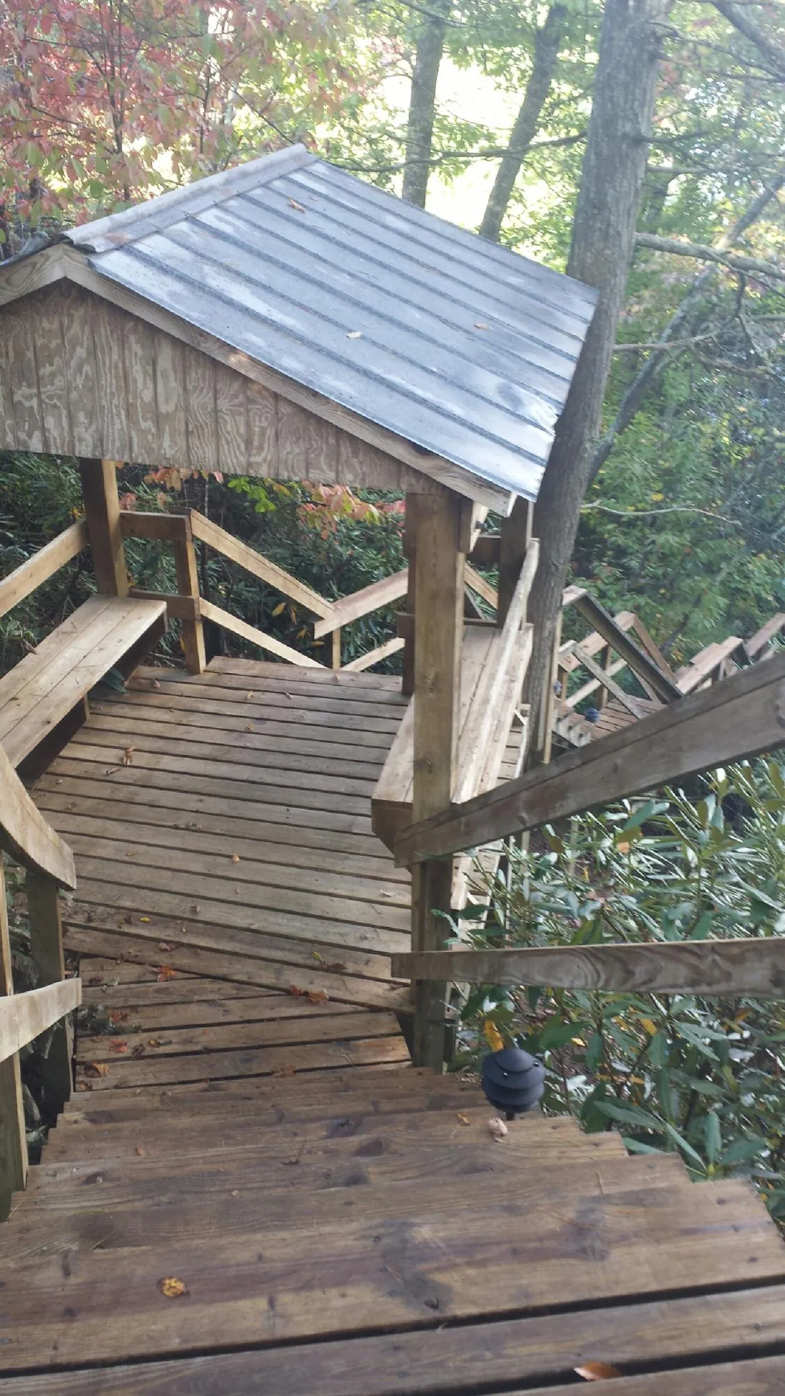 Metal roofed shelter over wooden steps on a wooded walkway — Skylight Repair & Installation work by our crew in Mifflin
